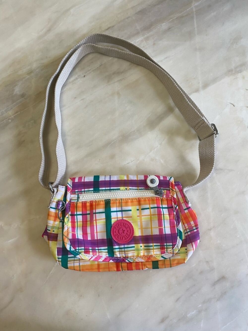 kipling rainbow Colorful Plaid Crossbody Bag - Pink/Orange/Green